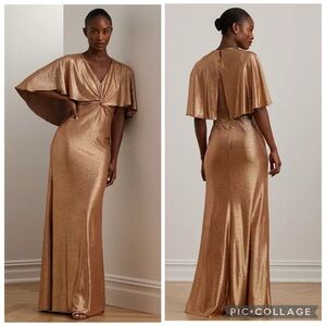 Lauren‎ Ralph Lauren Metallic Twist Front Cape Gown Bronze Gold 12 Formal